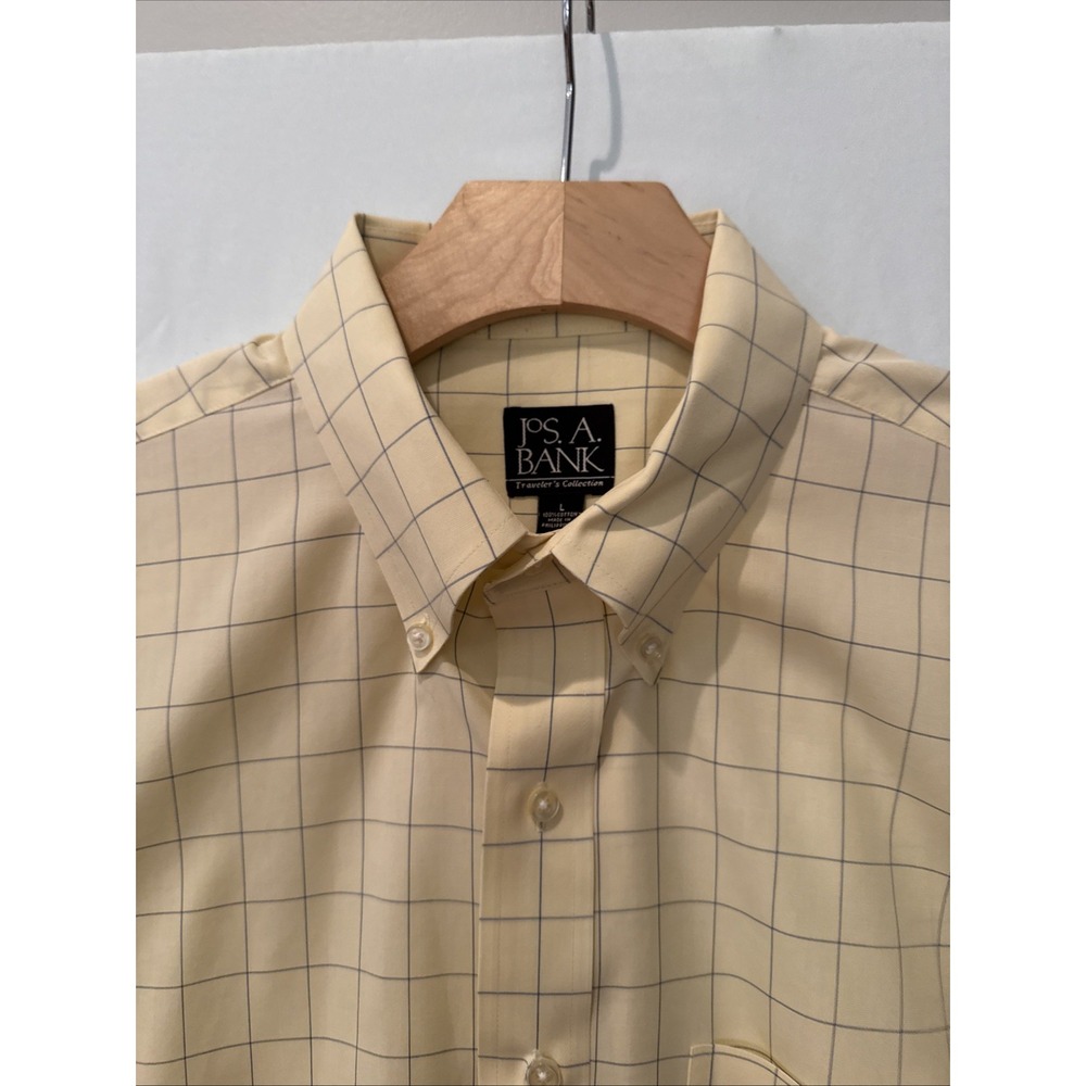 Jos A Bank Traveler Shirt Men LG Yellow/Blue Plaid Button UpDown Long Sleeve